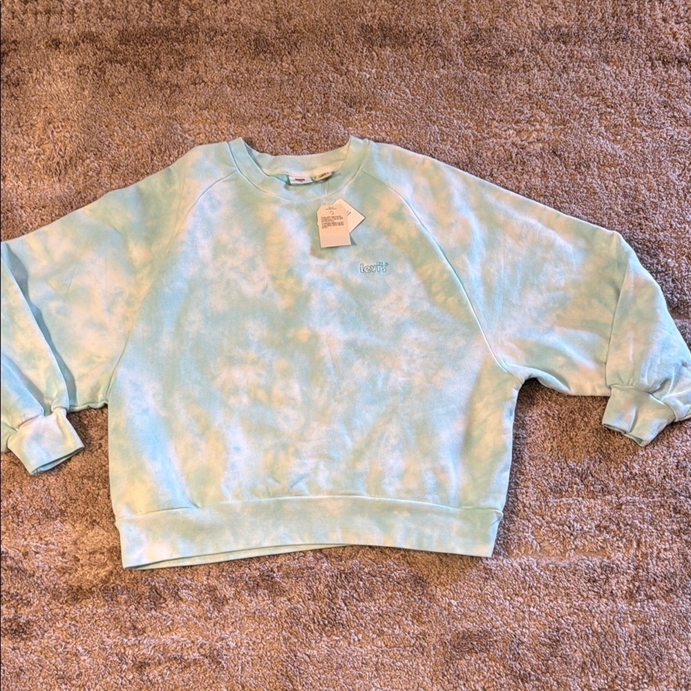 NEW LEVI'S SWEATSHIRT BLUE WHITE WOMENS S TIE DYE LAUNDRY DAY RAGLAN CREW NECK